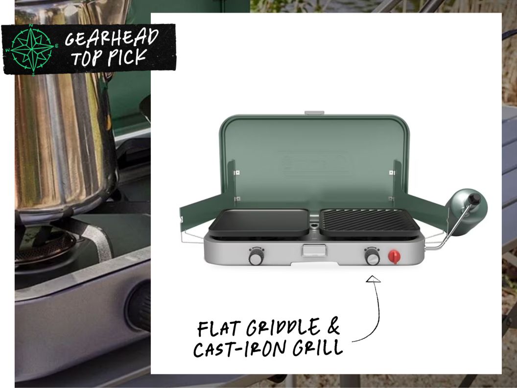 A green two-burner propane stove. Text overlay reads: Gearhead top pick, coleman cascade 3-in-1 stove.